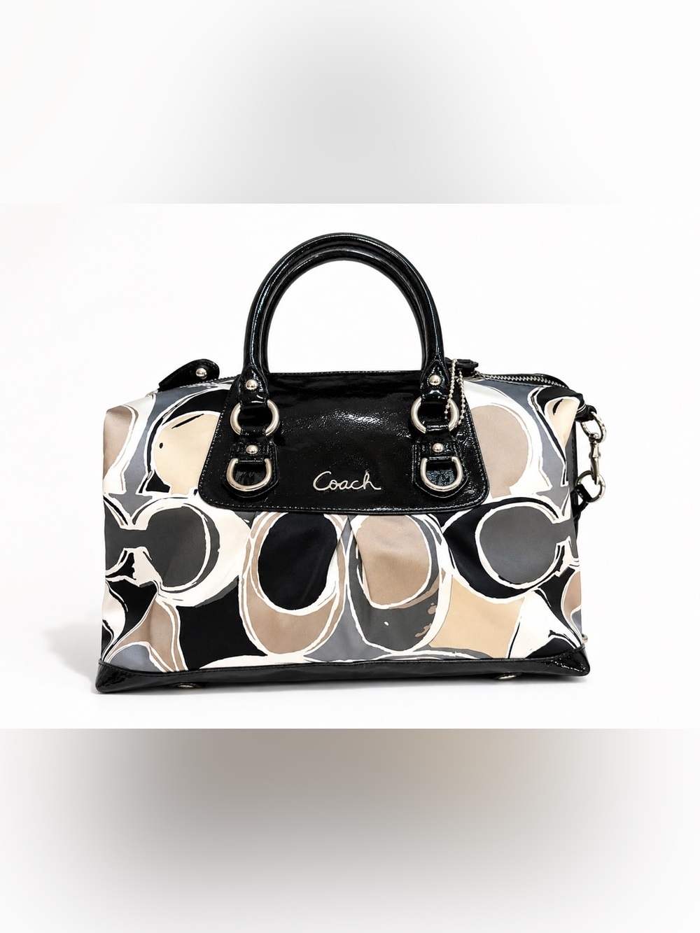 Coach Ashley Satin Scarf Print Satchel Purse Black Patent F17650
